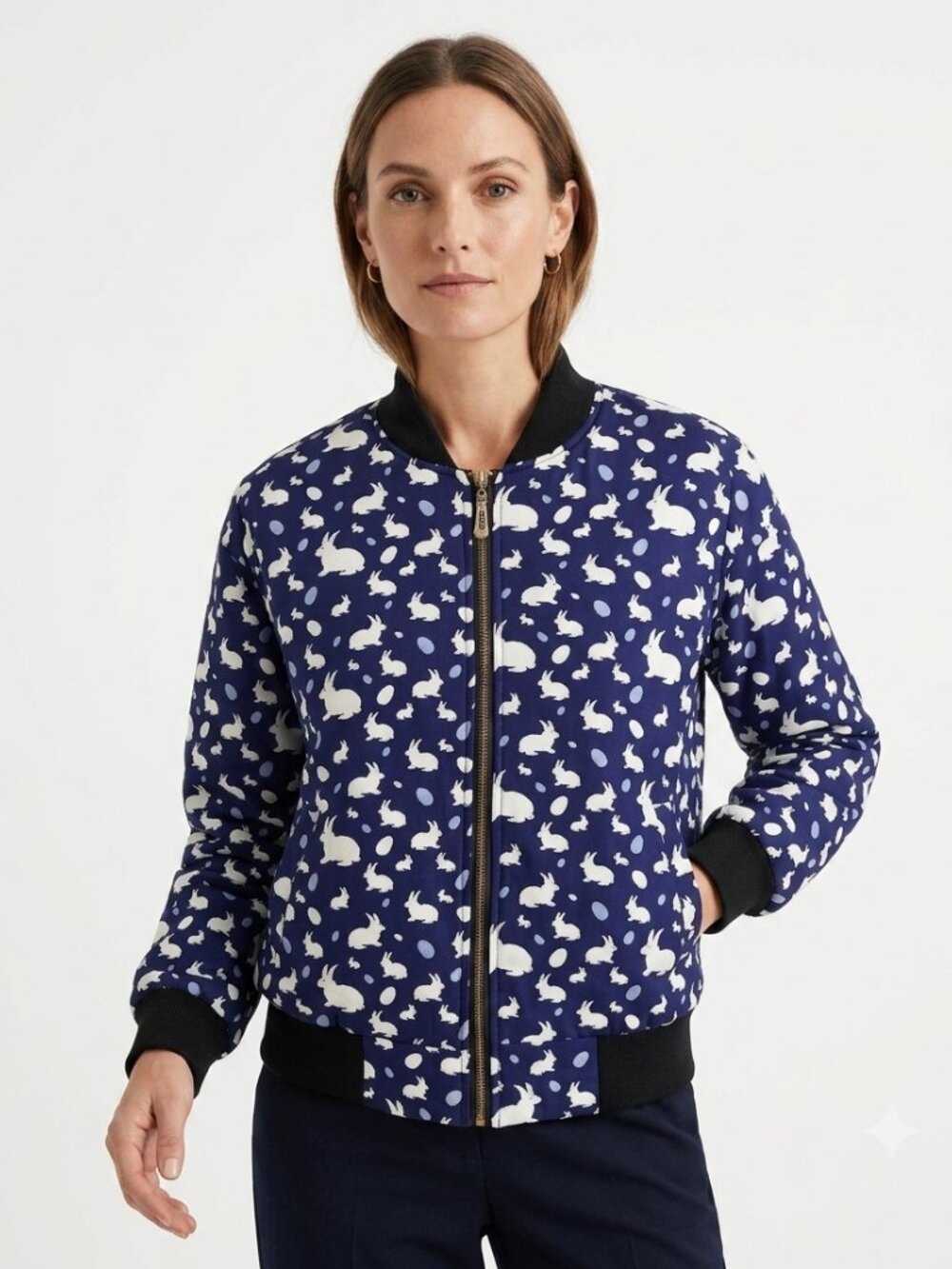 XIMENG YUETONG NAVY WHITE RABBIT NOVELTY PRINT QUIRKY ZIP UP BOMBER JACKET - L
